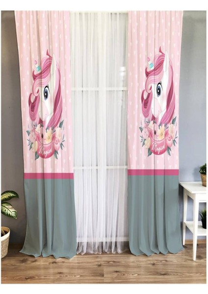 Unicorn Desenli Çocuk Odası Kadife Fon Perde