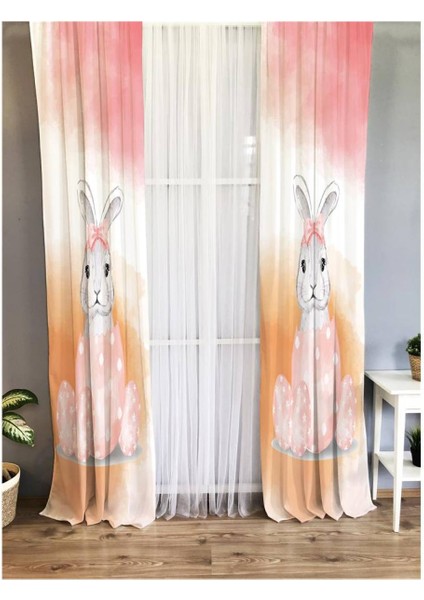 Tavşan Desenli Çocuk Odası Kadife Fon Perde