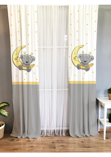 Ay ve Panda Desenli Çocuk ve Bebek Odası Fon Perde
