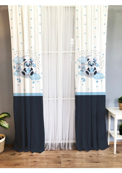 Ay ve Panda Desenli Çocuk ve Bebek Odası Fon Perde