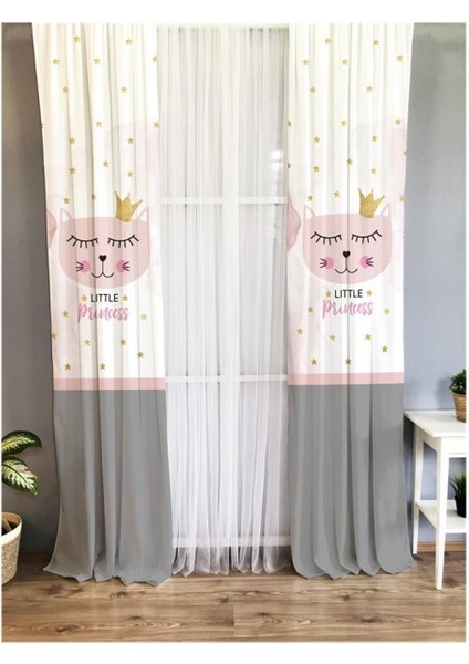 Prenses Kedi Desenli Çocuk Odası Fon Perde