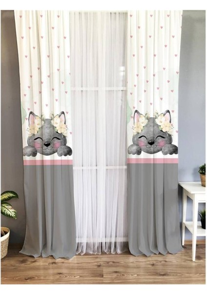 Kedi Desenli Çocuk Odası Fon Perde