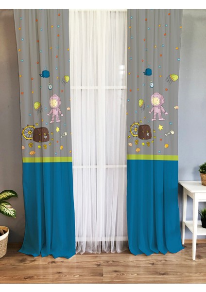 Denizde Hazine Bulan Dalgıç Desenli Çocuk ve Bebek Odası Fon Perde
