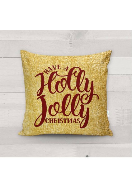 Yılbaşı Özel Holly Jolly Yazılı Kadife Kırlent Kılıfı
