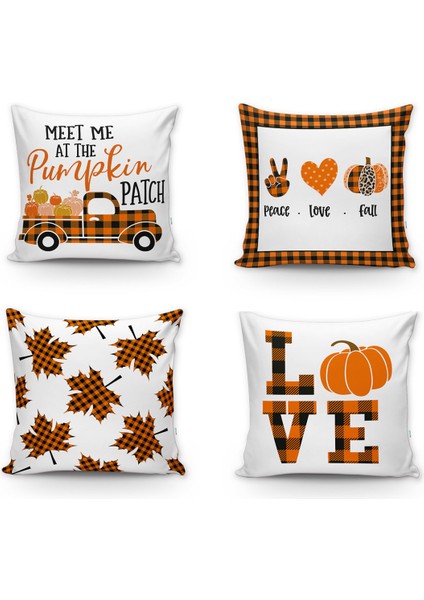 Siyah Turuncu Pötikareli Yaprak Love Desenli 4'lü Sonbahar Kırlentleri