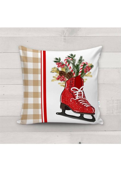 Yılbaşı Özel Buz Pateni Desenli Kadife Kırlent Kılıfı