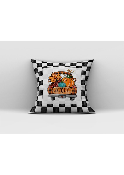 Balkabağı Desenli Hello Fall Yazılı Kırlent Kılıfı