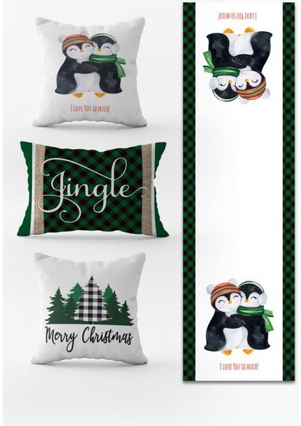 Yılbaşı Temalı 3lü Kırlent Kılıfı ve Runner - 4lü Set