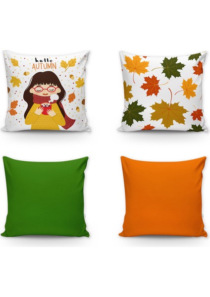 Turuncu ve Kahverengi Düz Renk Kırlent ve Sonbahar Çiçekleri 4'lü Kırlent Kılıfları