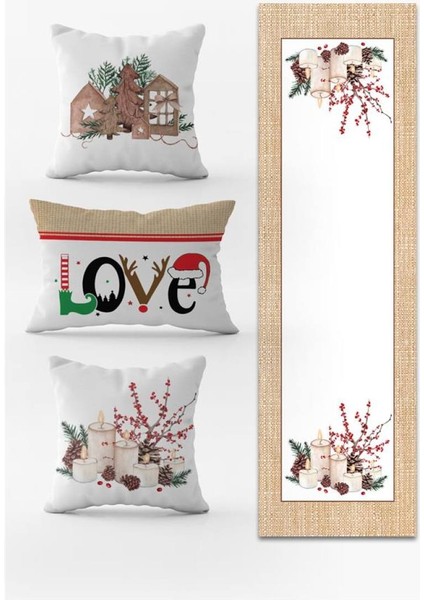 Yılbaşı Temalı 3lü Kırlent Kılıfı ve Runner - 4lü Set