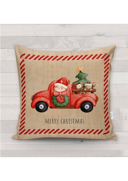 Yılbaşı Özel Kamyonet Kullanan Noel Baba Desenli Kadife Kırlent Kılıfı