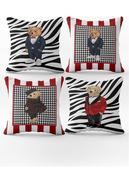 Çift Yüz Baskılı Teddy Bear Desenli 4`lü Kadife Kırlent Kılıfı Seti