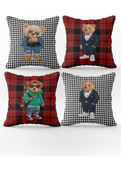 Çift Yüz Baskılı Teddy Bear Desenli 4`lü Kadife Kırlent Kılıfı Seti