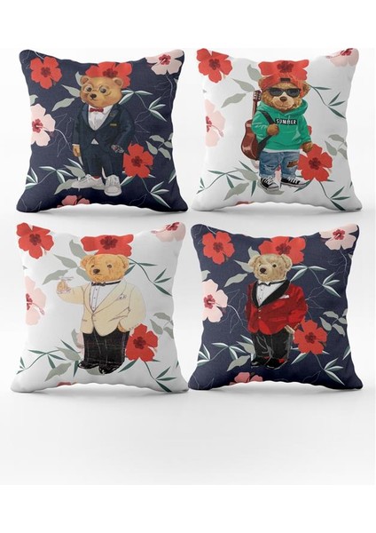 Çift Yüz Baskılı Teddy Bear Desenli 4`lü Kadife Kırlent Kılıfı Seti