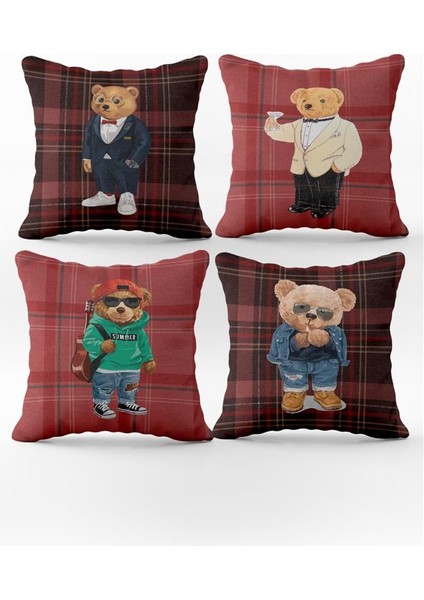 Çift Yüz Baskılı Teddy Bear Desenli 4`lü Kadife Kırlent Kılıfı Seti
