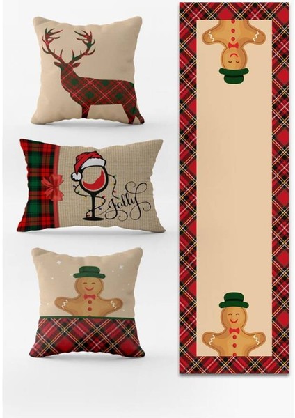 Yılbaşı Temalı 3lü Kırlent Kılıfı ve Runner - 4lü Set