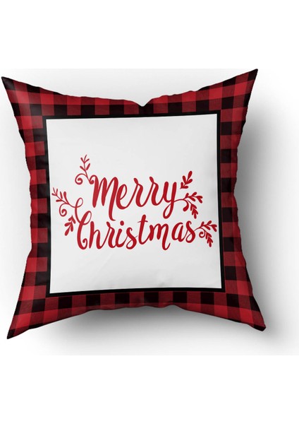 Yılbaşı Temalı Ekose Desenli Merry Christmas Yazılı Kadife Kırlent Kılıfı