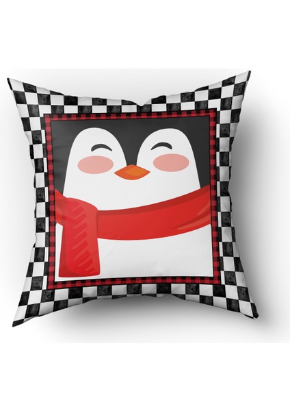 Yılbaşı Temalı Penguen Desenli Kadife Kırlent Kılıfı