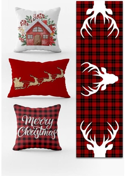 Yılbaşı Temalı 3lü Kırlent Kılıfı ve Runner - 4lü Set