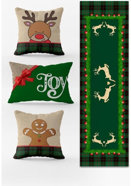 Yılbaşı Temalı 3lü Kırlent Kılıfı ve Runner - 4lü Set