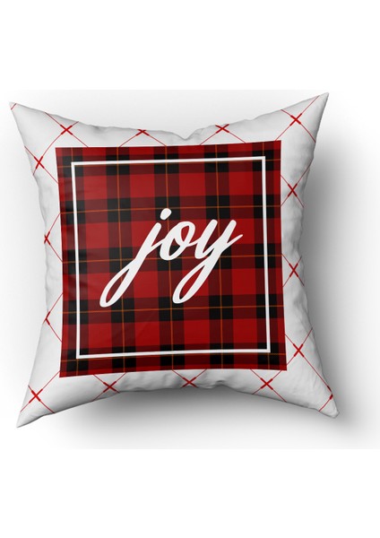 Yılbaşı Temalı Ekose Desenli Joy Yazılı Kadife Kırlent Kılıfı