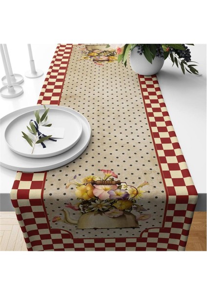 Kırmızı Sarı Pötikare Desenli Kadife Runner