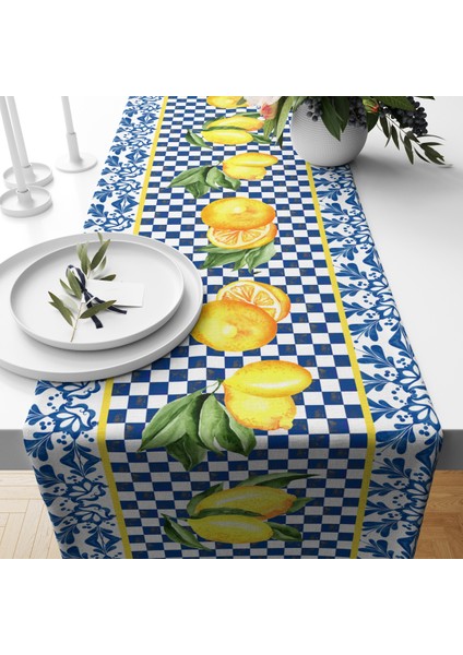Mavi Pötikare Limon Desenli Kadife Runner