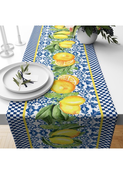 Mavi Pötikare Limon Desenli Kadife Runner