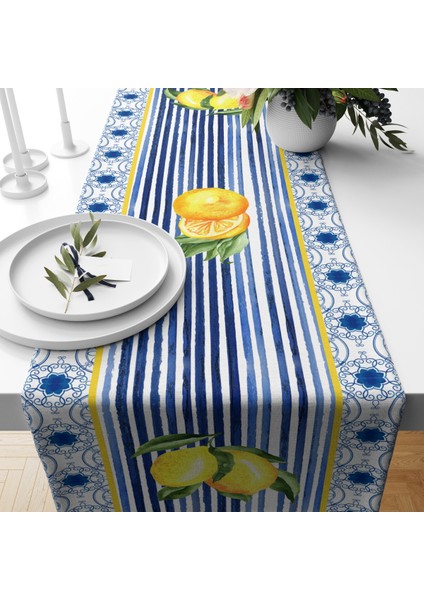 Mavi Pötikare Limon Desenli Kadife Runner