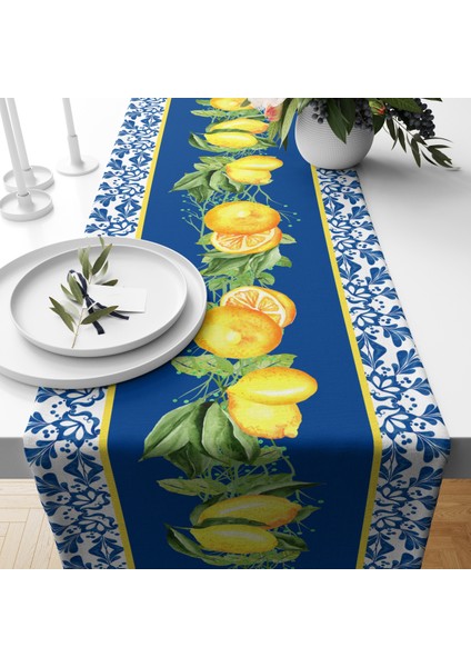 Mavi Pötikare Limon Desenli Kadife Runner
