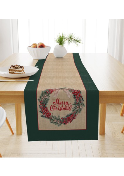 Yılbaşı Temalı Çelenk Desenli Merry Christmas Yazılı Kadife Runner