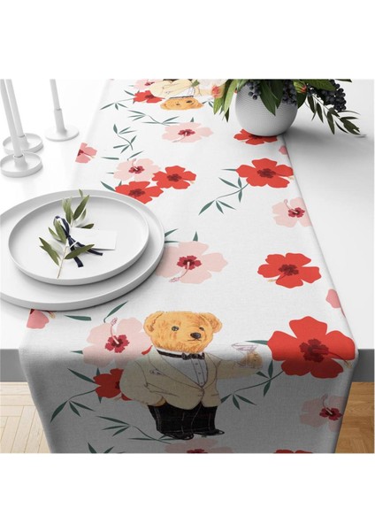 Çiçek Arkaplan Teddy Desenli Kadife Runner