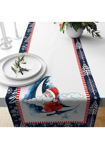 Yılbaşı Temalı Ayda Yatan Noel Baba Desenli Kadife Runner