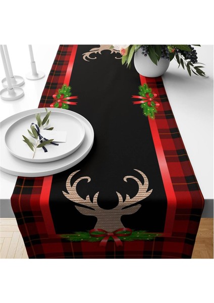 Yılbaşı Özel Geyik Desenli Kadife Runner