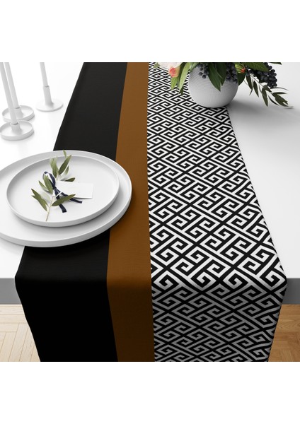 Siyah ve Kahverengi Desen Kadife Runner