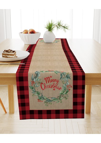 Yılbaşı Temalı Çelenk Desenli Merry Chritmas Yazılı Kadife Runner