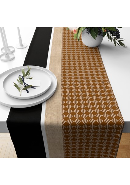 Kahverengi Baklava Desen Kadife Runner