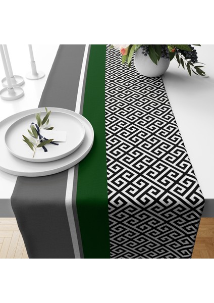 Gri ve Yeşil Desen Kadife Runner