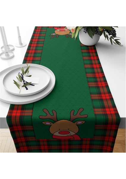 Yılbaşı Özel Geyik Desenli Kadife Runner