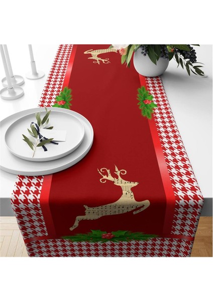 Yılbaşı Özel Geyik Desenli Kadife Runner
