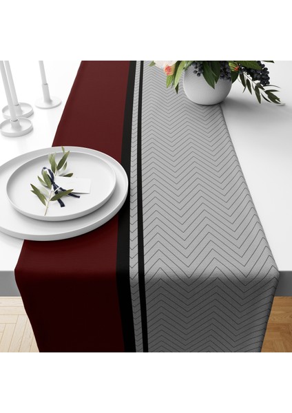 Bordo ve Gri Dalga Desen Kadife Runner