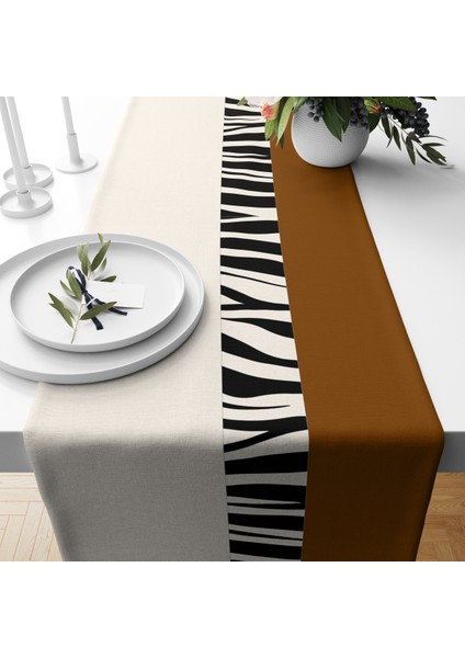 Kahverengi ve Krem Desen Kadife Runner