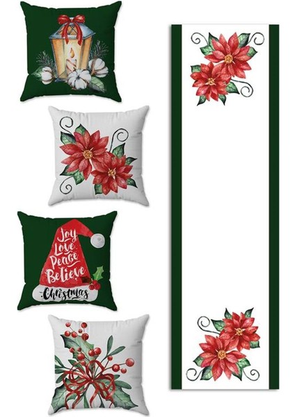 Yılbaşı Temalı 4lü Kırlent Kılıfı ve Runner 5li Set