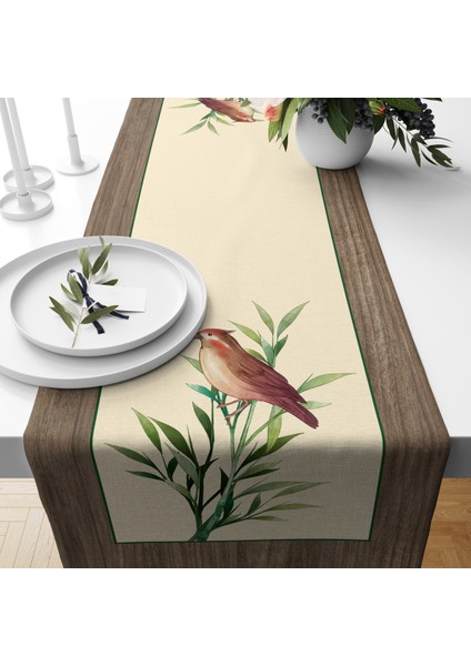 Kuş Desenli Kadife Runner