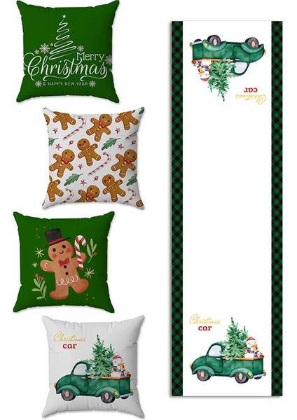 Yılbaşı Temalı 4lü Kırlent Kılıfı ve Runner 5li Set