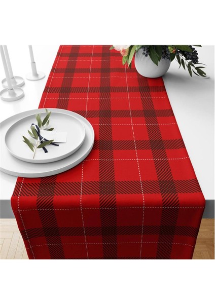 Yılbaşı Temalı Ekose Desenli Kadife Runner