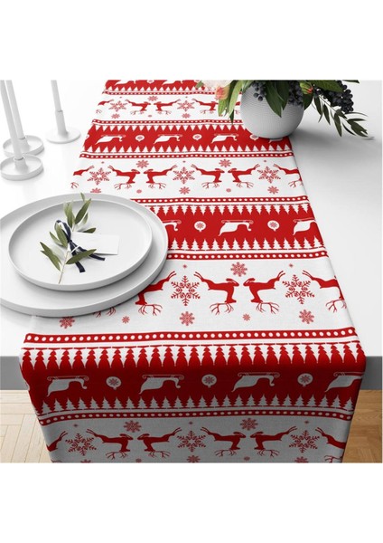 Yılbaşı Temalı Geyik Desenli Kadife Runner