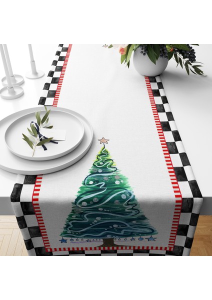 Yılbaşı Temalı Yılbaşı Ağacı Desenli Kadife Runner