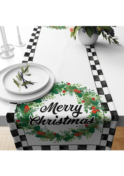 Yılbaşı Temalı Çiçek Çelengi Desenli Merry Christmas Yazılı Kadife Runner