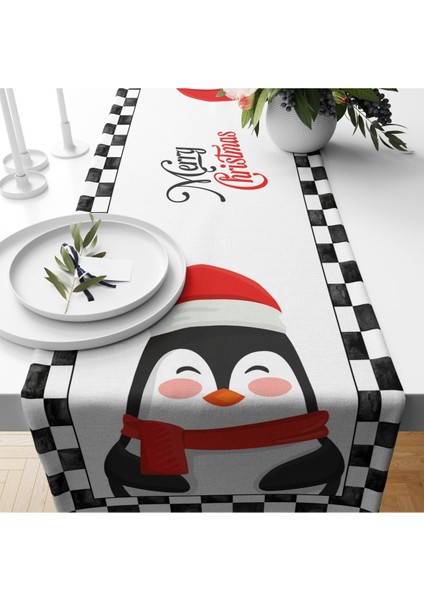 Yılbaşı Temalı Penguen Desenli Kadife Runner